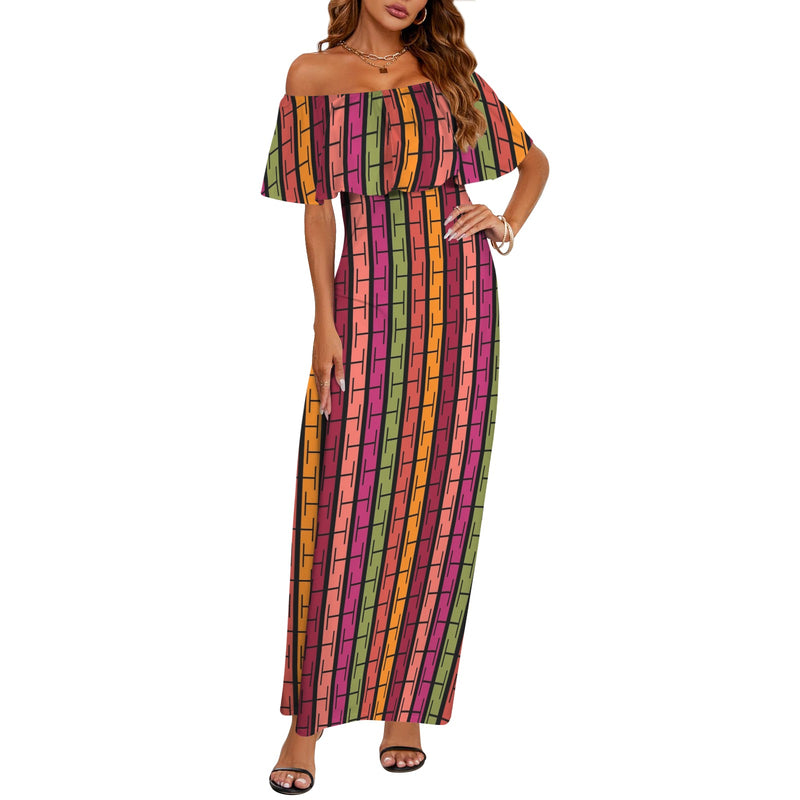 multicolored print Women's Off Shoulder Ruffle Boat Neck Dress (Model D71)