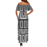 v bw print Women's Off Shoulder Ruffle Boat Neck Dress (Model D71)