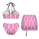 fuchsia print solid Drawstring Halterneck Three-Piece Swimsuit Skirt