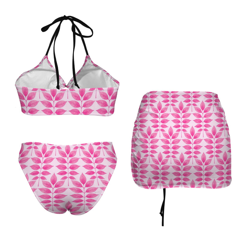 fuchsia print solid Drawstring Halterneck Three-Piece Swimsuit Skirt