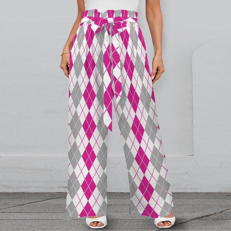 argyle pink print 2A Strappy Elastic Waist Wide Leg Pants with Pockets
