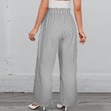 striped bw print 2 Strappy Elastic Waist Wide Leg Pants with Pockets