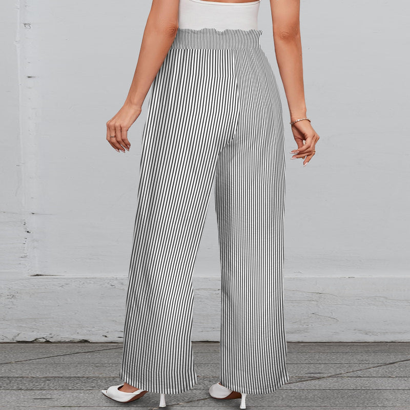 striped bw print 2 Strappy Elastic Waist Wide Leg Pants with Pockets