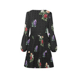 hex floral bw color print V-Neck Loose Fit Dress (Model D62)