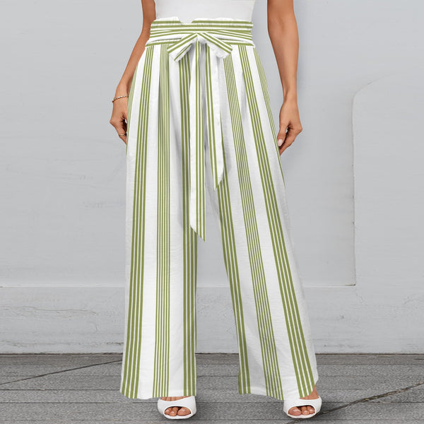 2 d08 pepper green stripes front Strappy Elastic Waist Wide Leg Pants with Pockets