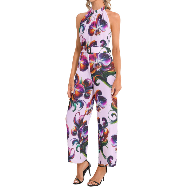 Halter Neck Buckle Belted Jumpsuit