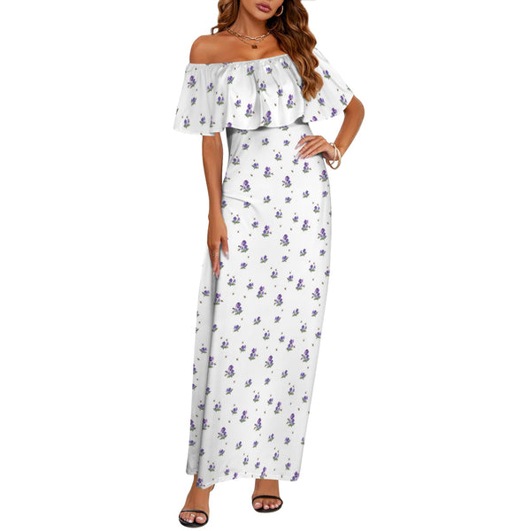 apiary print 2 Women's Off Shoulder Ruffle Boat Neck Dress (Model D71)