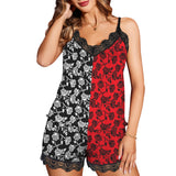 rose black and white print 2A Women's Lace Camisole Pajama Set