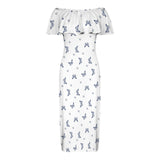 delft blue monarch butterfly print Women's Off Shoulder Ruffle Boat Neck Dress (Model D71)