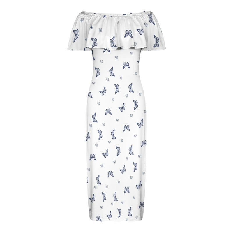 delft blue monarch butterfly print Women's Off Shoulder Ruffle Boat Neck Dress (Model D71)