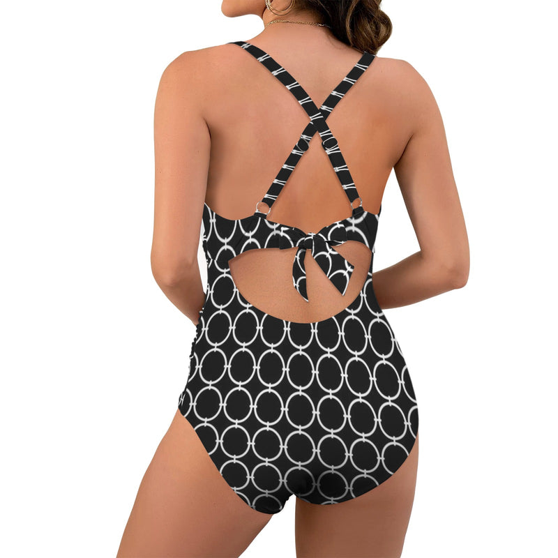 rings white print Women's Twist Front Tie Back Swimsuit (Model S57)