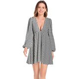 Lantern Sleeve Deep V-Neck Short Dress
