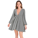 Lantern Sleeve Deep V-Neck Short Dress