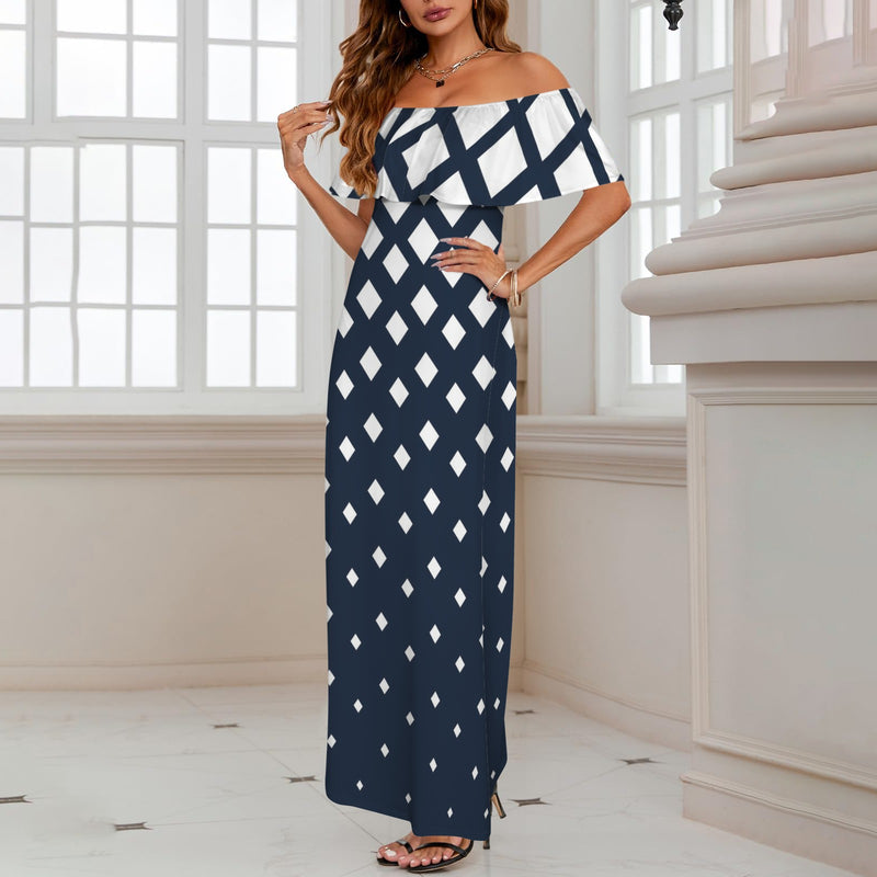 falling squares print 4 Women's Off Shoulder Ruffle Boat Neck Dress (Model D71)