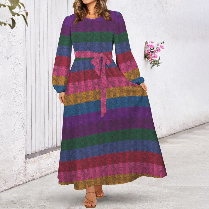 Multicolored Snakeskin Round Neck Long Sleeve Belted Maxi Dress