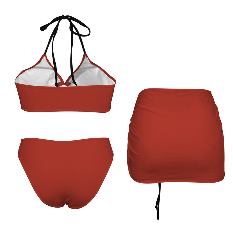 paw red print Drawstring Halterneck Three-Piece Swimsuit Skirt