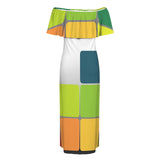 colored print matrix Women's Off Shoulder Ruffle Boat Neck Dress (Model D71)