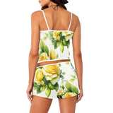 yellow rose print 4 Floral Applique Cami Top Shorts Pajama Set