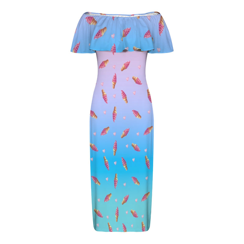 grad ice cream print 2A Women's Off Shoulder Ruffle Boat Neck Dress (Model D71) XL