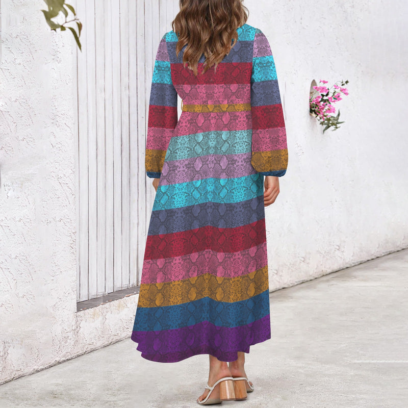multicolored snakeskin Round Neck Long Sleeve Belted Maxi Dress