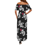 red accented white dragon on white print Women's Off Shoulder Ruffle Boat Neck Dress (Model D71)