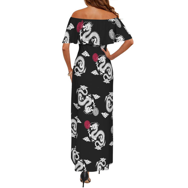 red accented white dragon on white print Women's Off Shoulder Ruffle Boat Neck Dress (Model D71)