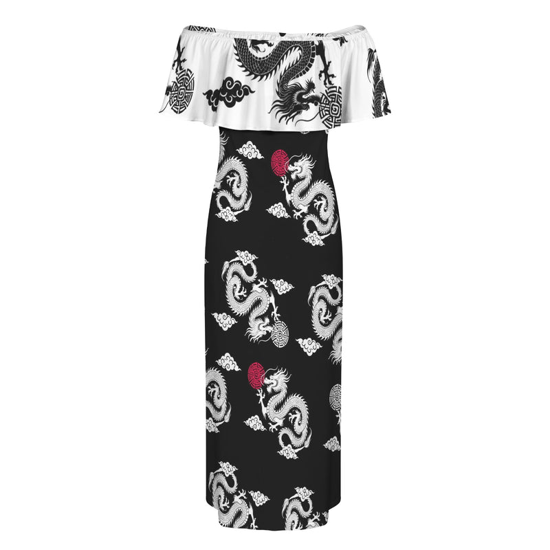 black dragon on white with red accents Women's Off Shoulder Ruffle Boat Neck Dress (Model D71)