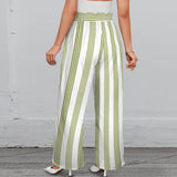 2 d08 pepper green stripes front Strappy Elastic Waist Wide Leg Pants with Pockets