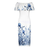 Delft Blue Iris Women's Off Shoulder Ruffle Boat Neck Dress
