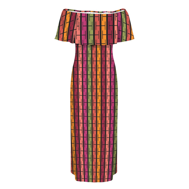 multicolored print Women's Off Shoulder Ruffle Boat Neck Dress (Model D71)