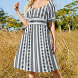 Tribal Sweetheart Neck Puff Sleeve Mini Dress