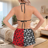 rose black and white print 2A Women's Flannel Bikini Top & Shorts Pajamas