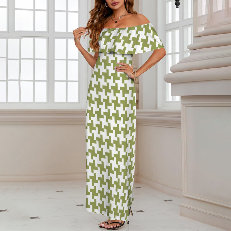 Houndstooth Women's Off Shoulder Ruffle Boat Neck Dress