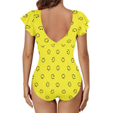 smiley face print 2A Women's Twist Front Ruffle Sleeve Swimsuit (Model S55)