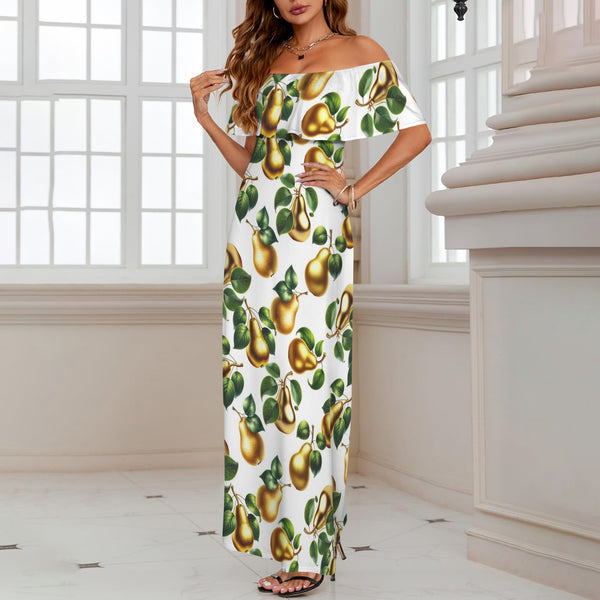 golden pear print 2 Women's Off Shoulder Ruffle Boat Neck Dress (Model D71)