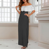 wb asym striped print Women's Off Shoulder Ruffle Boat Neck Dress (Model D71)