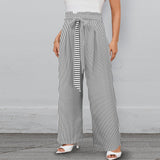 micro striped bw print Strappy Elastic Waist Wide Leg Pants with Pockets