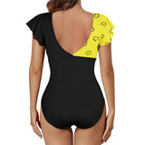 black solid print skirt Women's Twist Front Ruffle Sleeve Swimsuit (Model S55)