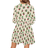 raspberry on tan print 3B V-Neck Loose Fit Dress (Model D62)