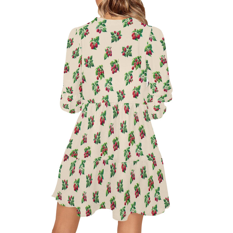 raspberry on tan print 3B V-Neck Loose Fit Dress (Model D62)