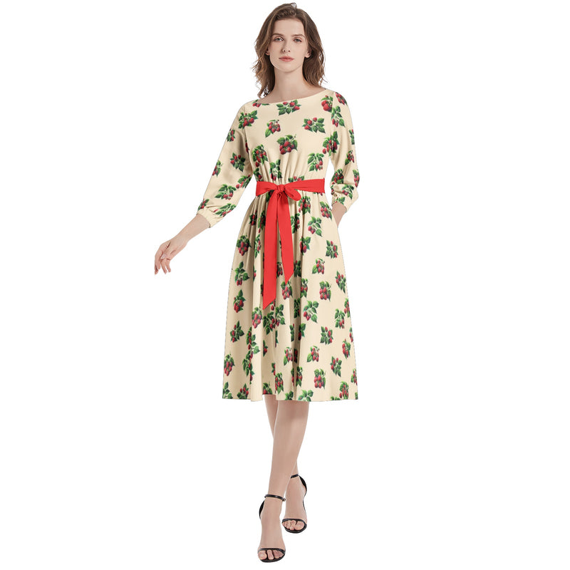 Boat Neck Belted Flared Dress