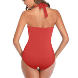 crimson2 Women's Halter Neck Gather Chest Swimsuit (Model S52)