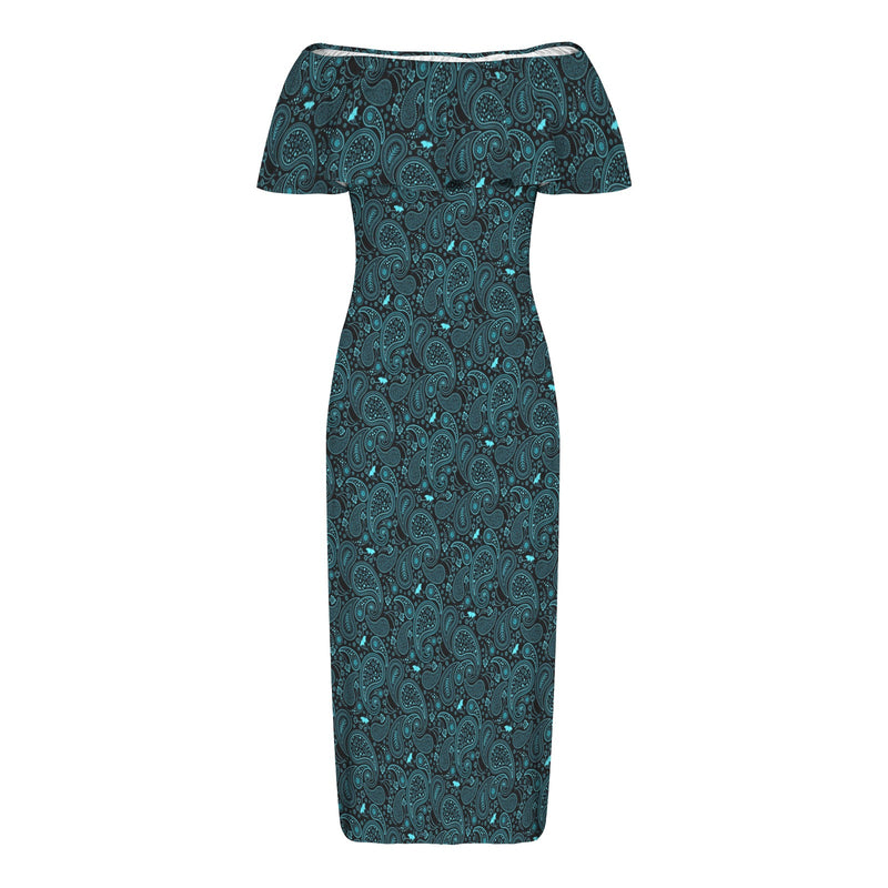 Paisley Off Shoulder Ruffle Boat Neck Dress