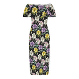 lily print 2A D Women's Off Shoulder Ruffle Boat Neck Dress (Model D71)