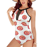 grapefruit wheel print Women's High Neck Plunge Mesh Ruched Swimsuit (S43)
