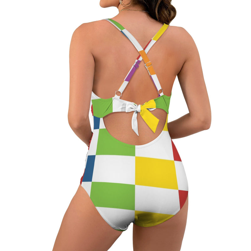 rect colored print 3A Women's Twist Front Tie Back Swimsuit (Model S57)