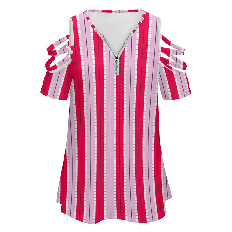 Women&#039;s Off Shoulder Zip V-Neck Tunic BE zip off shoulder top