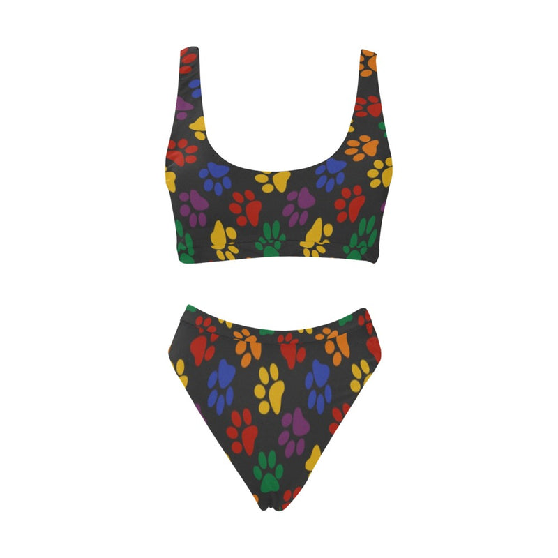 colorful paws print 2C Sport Top & High-Waisted Bikini Swimsuit (Model S07)