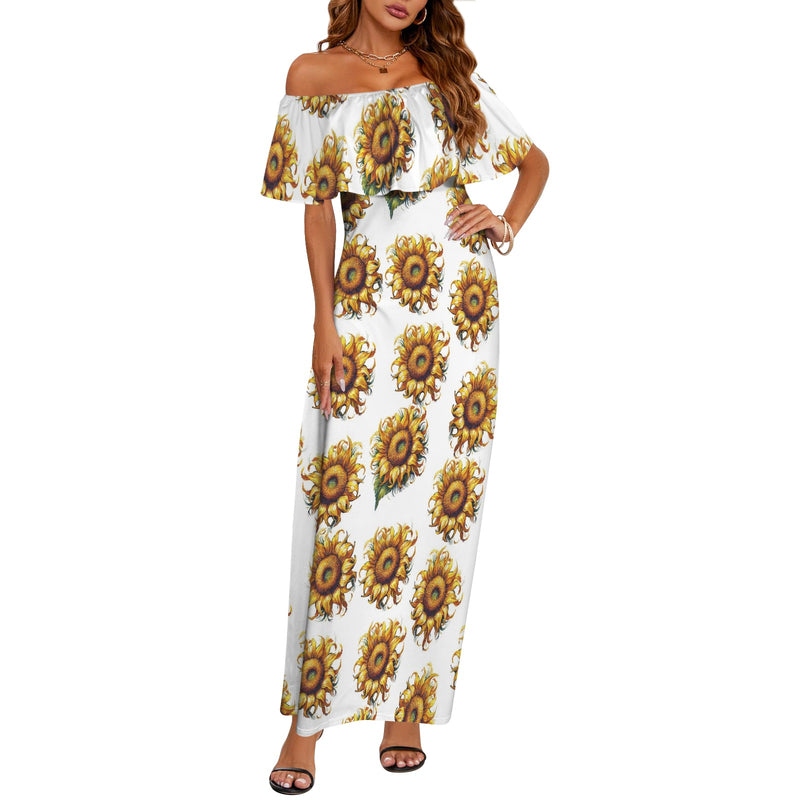 off the shoulder sunflower dress van gogh sunflower print Women's Off Shoulder Ruffle Boat Neck Dress (Model D71) 2XL