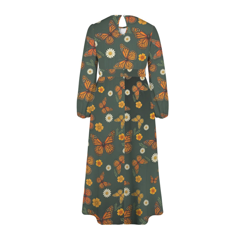 Butterfly Round Neck Long Sleeve Belted Maxi Dress
